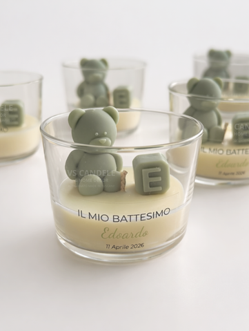Candela profumata in vetro con teddy bomboniera nascita battesimo