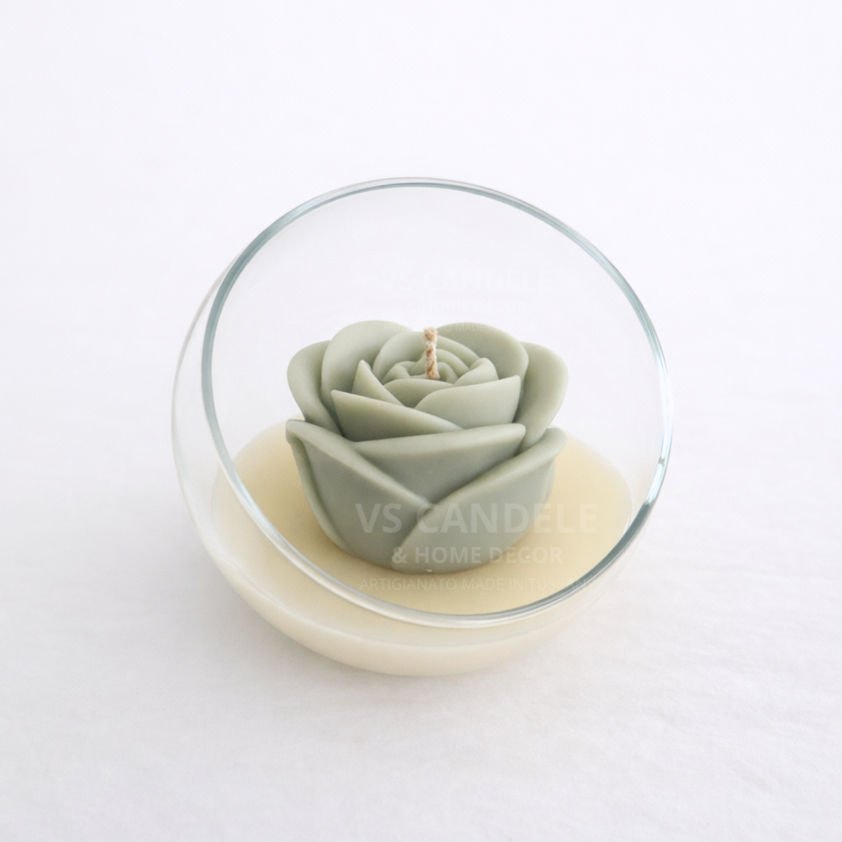 candela profumata in vetro con fiore rosa bomboniera