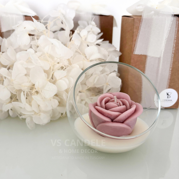 candela profumata in vetro con fiore rosa bomboniera